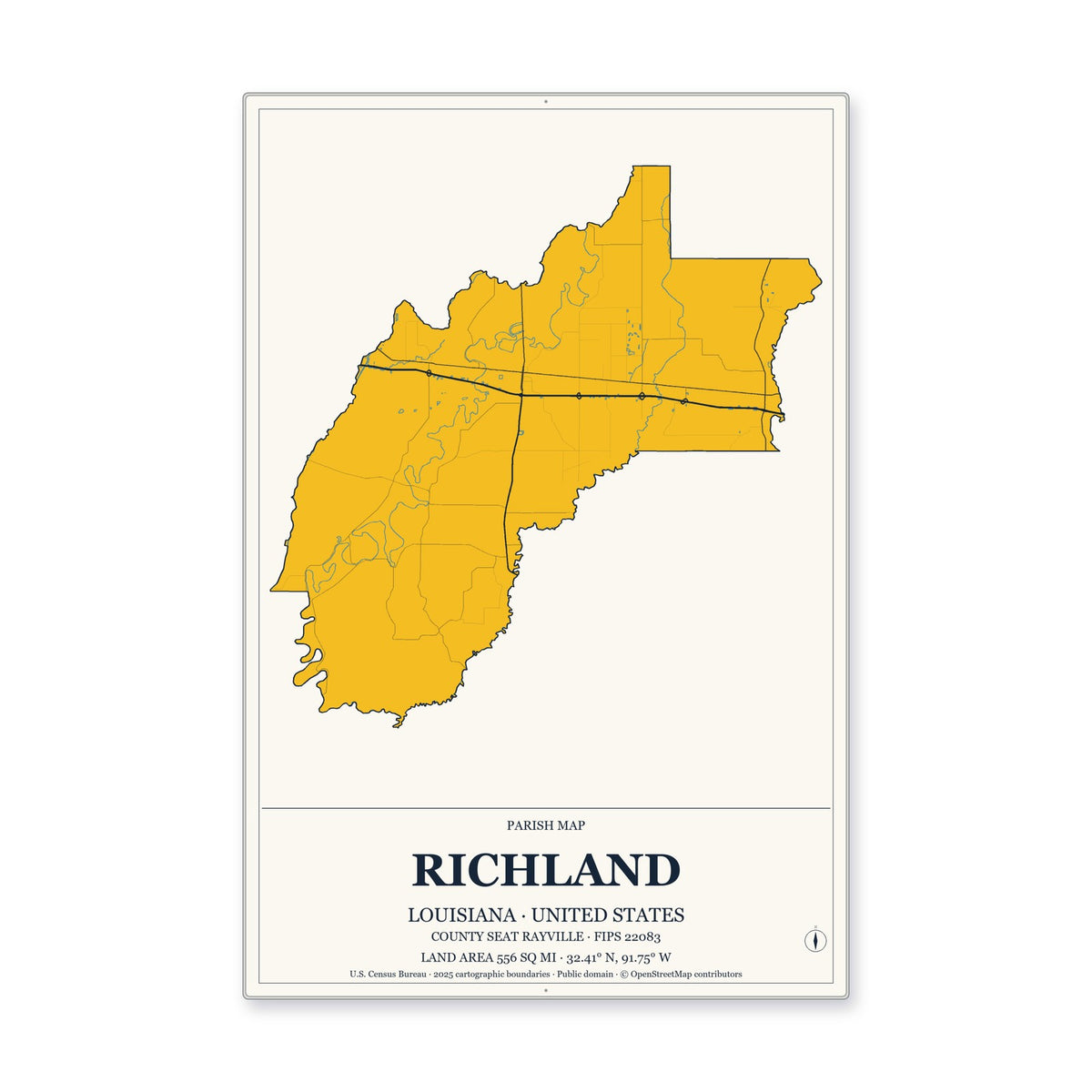 Richland Parish, Louisiana Map Aluminum Sign in Citrine Modern style