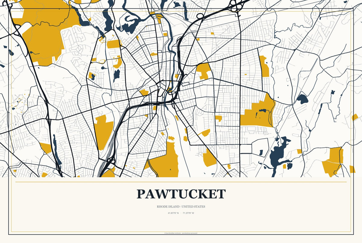 Pawtucket, Rhode Island City Map Aluminum Sign in Citrine Modern style
