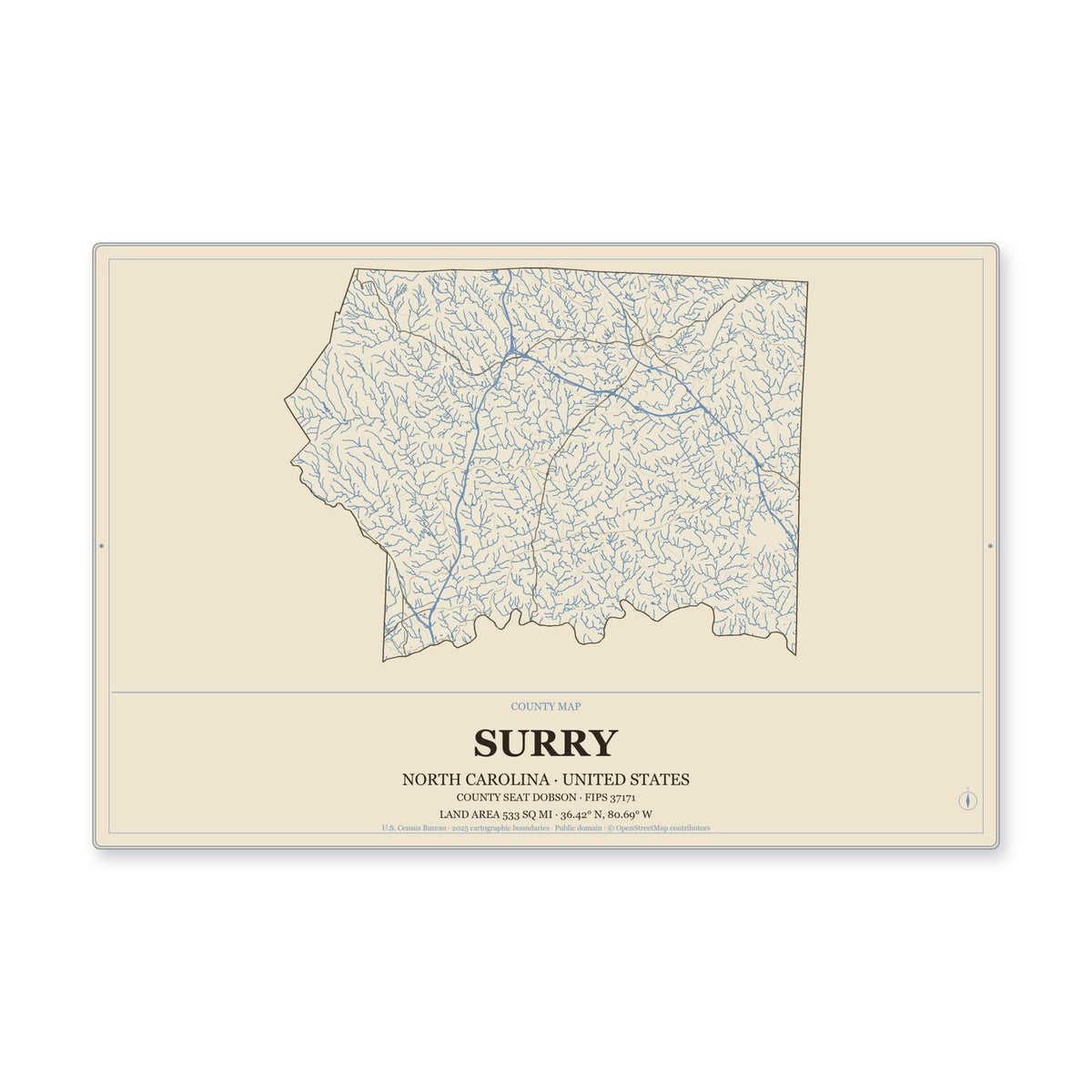 Surry County, North Carolina Map Aluminum Sign in Heritage Nautical style