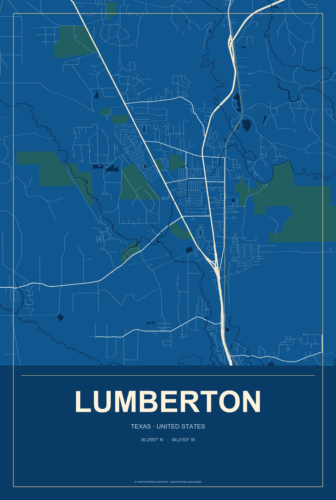 Lumberton, Texas City Map Aluminum Sign in Harbor Cobalt style