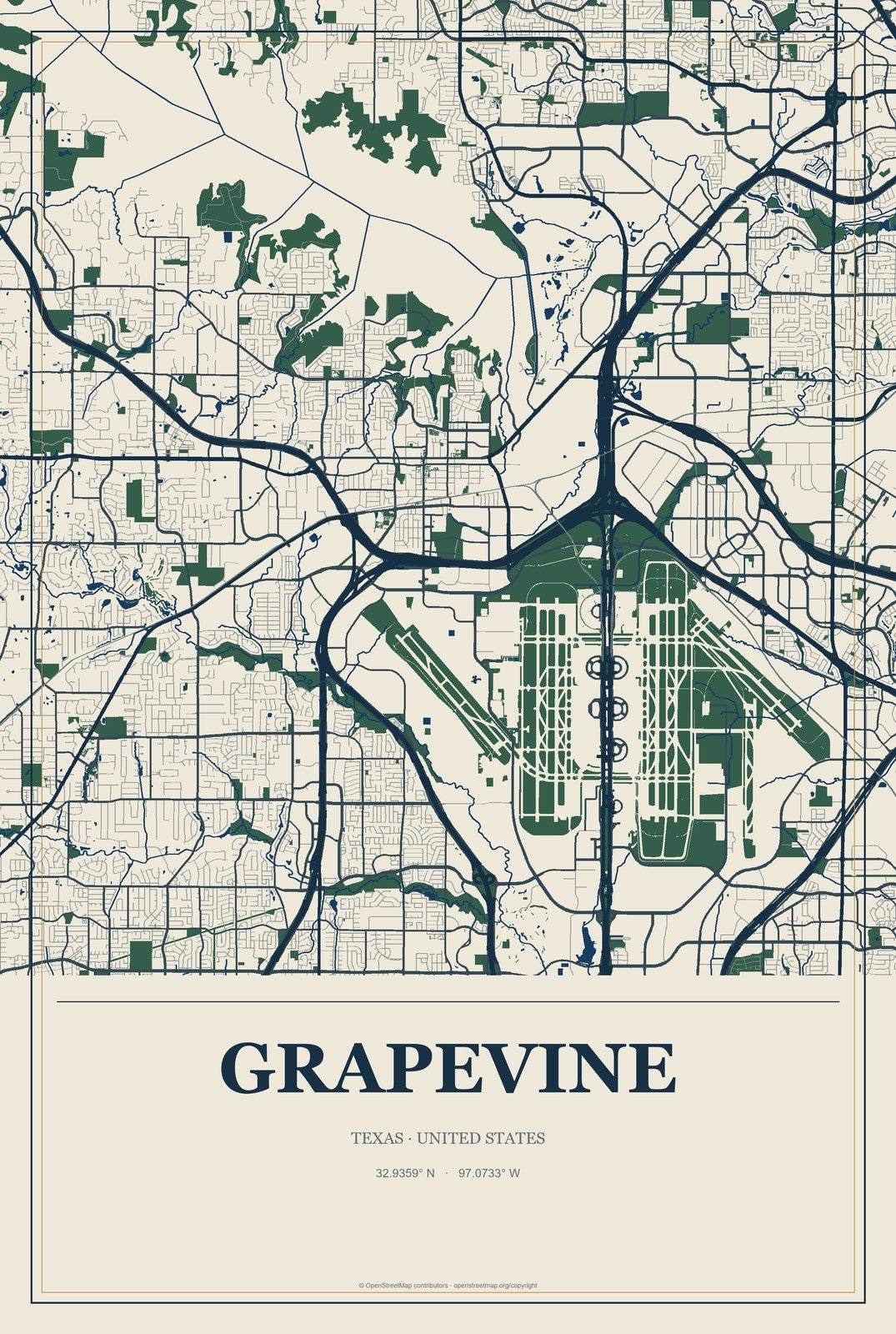 Grapevine, Texas City Map Aluminum Sign in Coastal Cutout style