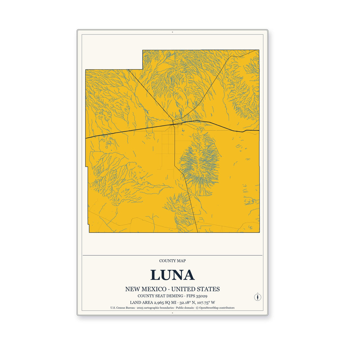 Luna County, New Mexico Map Aluminum Sign in Citrine Modern style