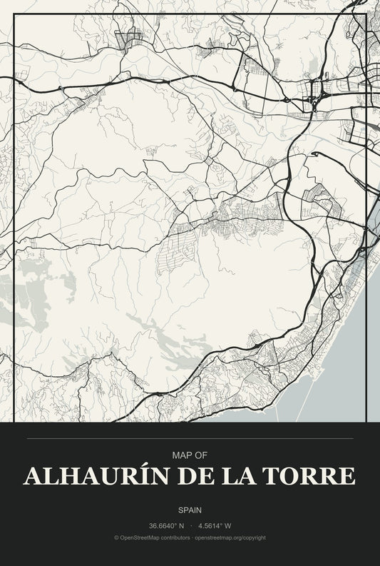 Alhaurín de la Torre, Spain City Map Aluminum Sign in Museum Plaque style