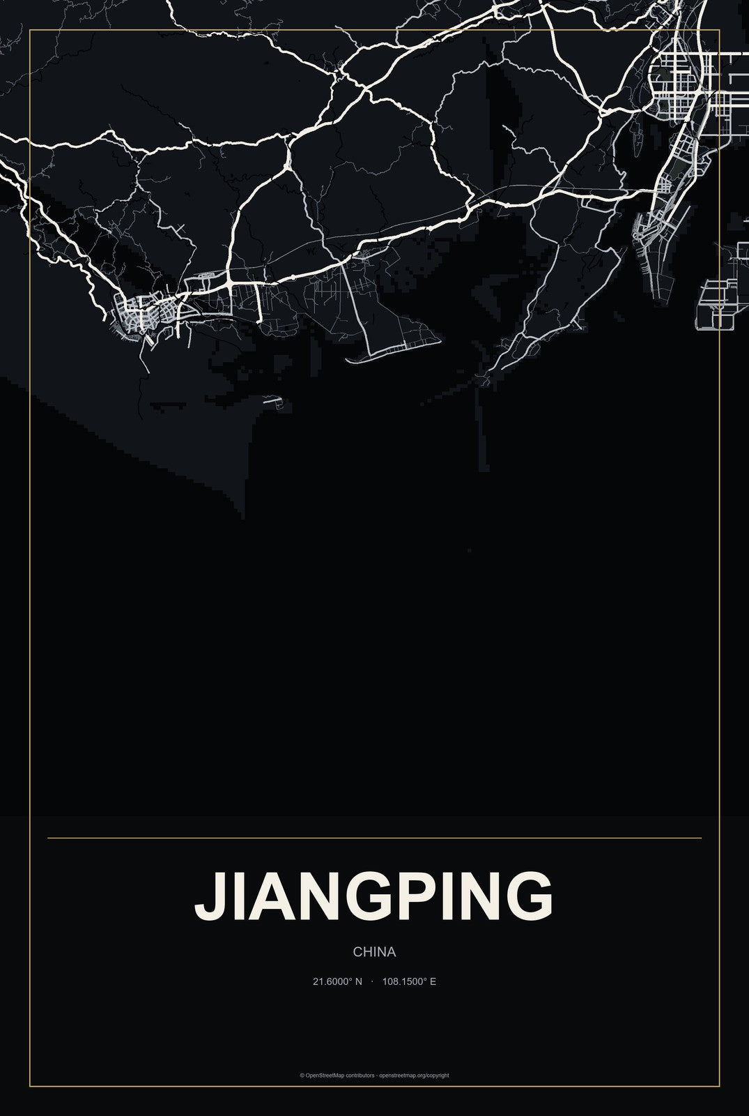Jiangping, China City Map Aluminum Sign in Metropolitan Noir style