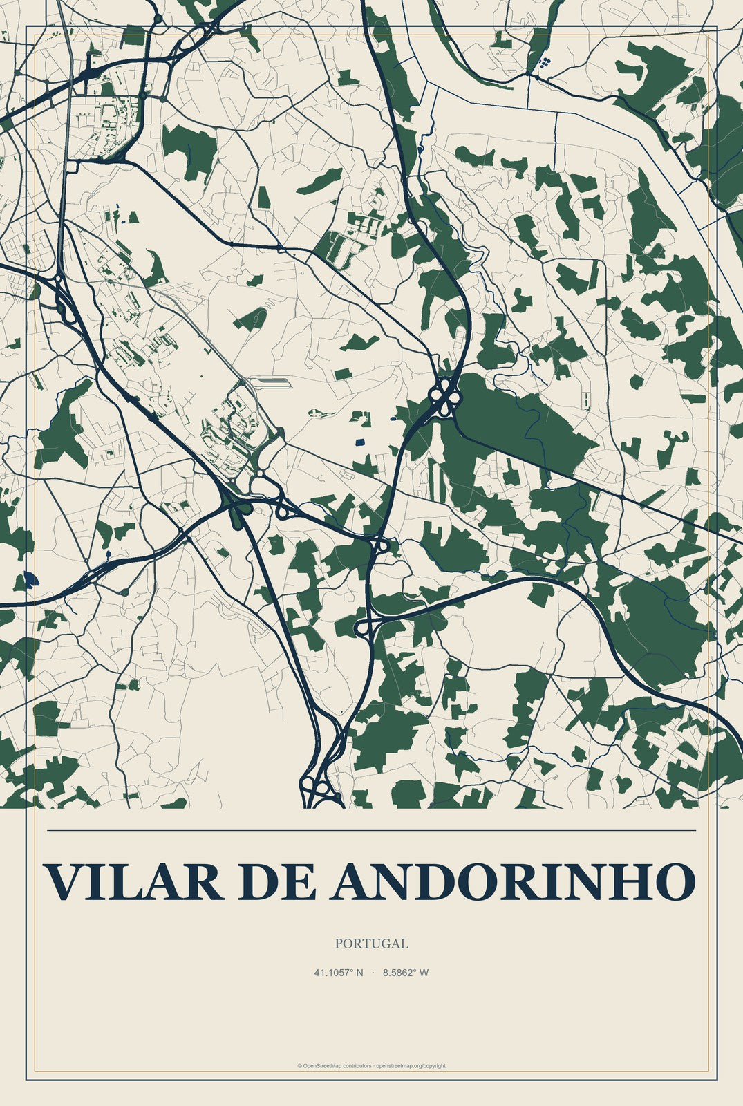 Vilar de Andorinho, Portugal City Map Aluminum Sign in Coastal Cutout style