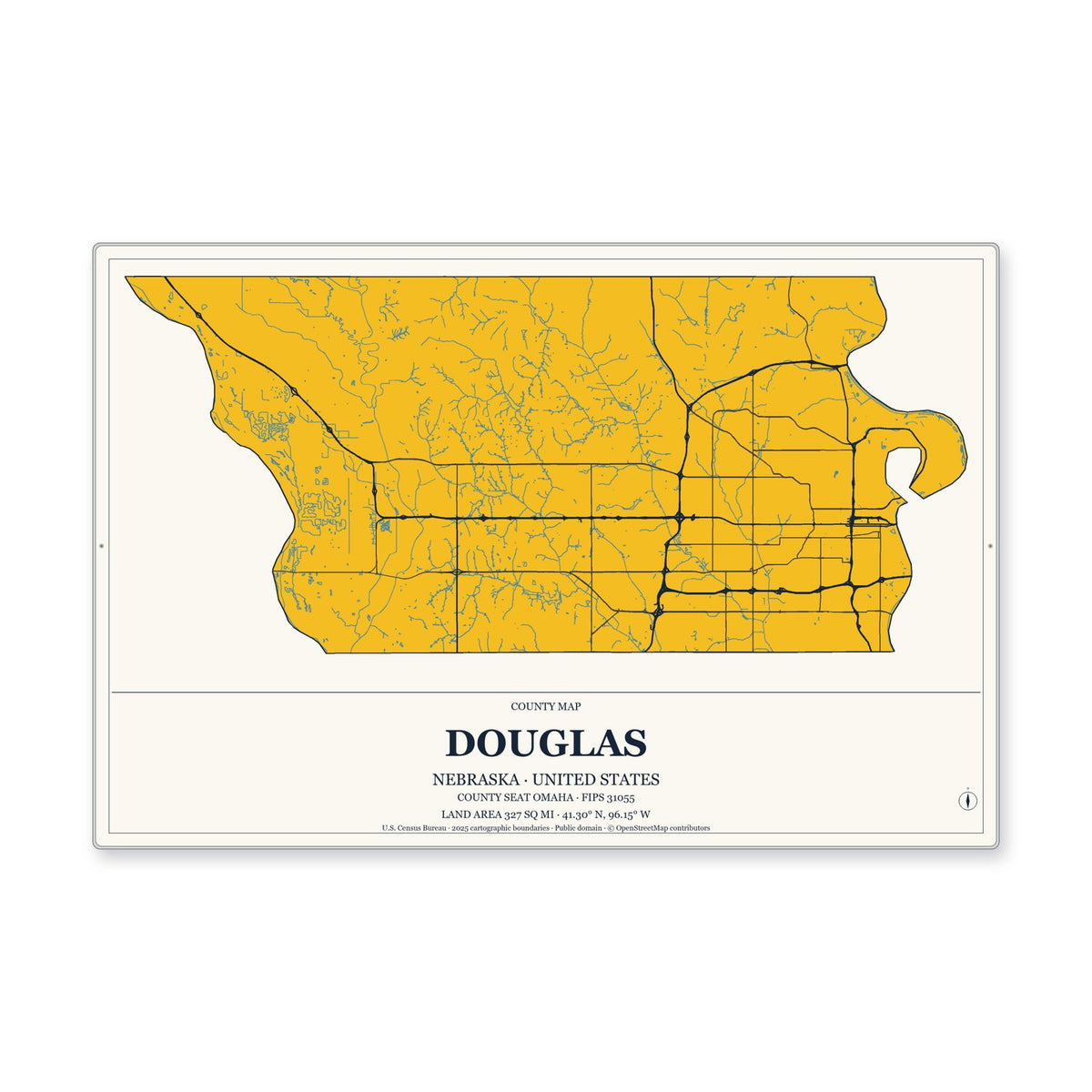 Douglas County, Nebraska Map Aluminum Sign in Citrine Modern style