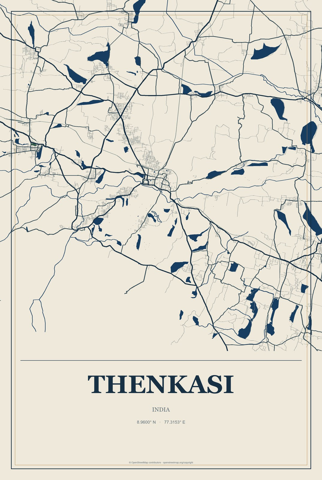 Thenkasi, India City Map Aluminum Sign in Coastal Cutout style