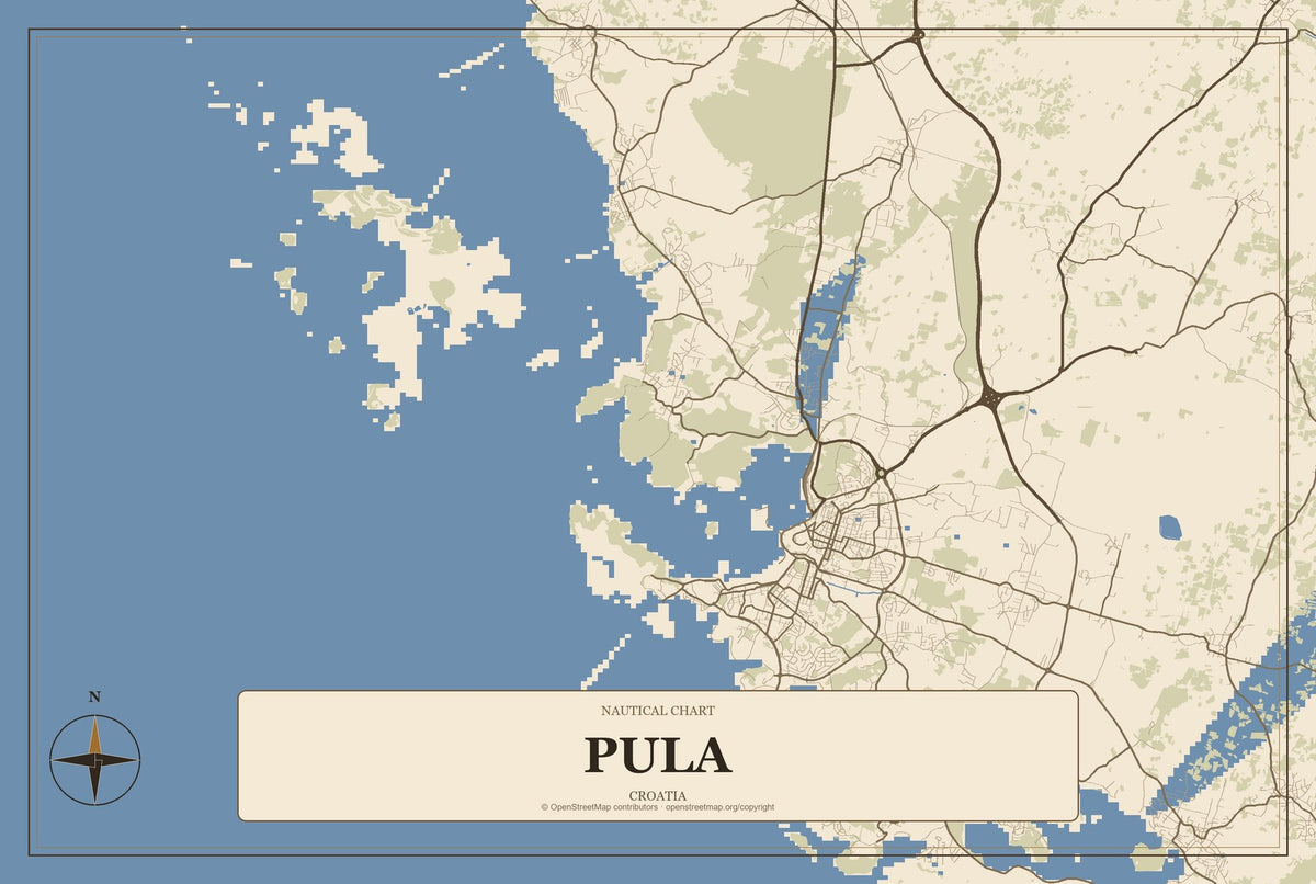 Pula, Croatia City Map Aluminum Sign in Heritage Nautical style
