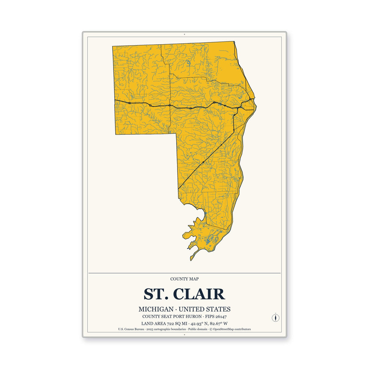 St. Clair County, Michigan Map Aluminum Sign in Citrine Modern style