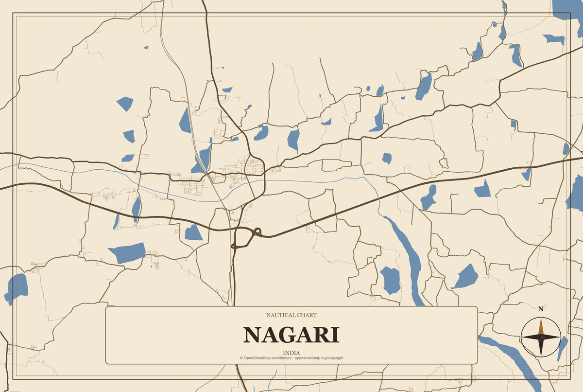 Nagari, India City Map Aluminum Sign in Heritage Nautical style