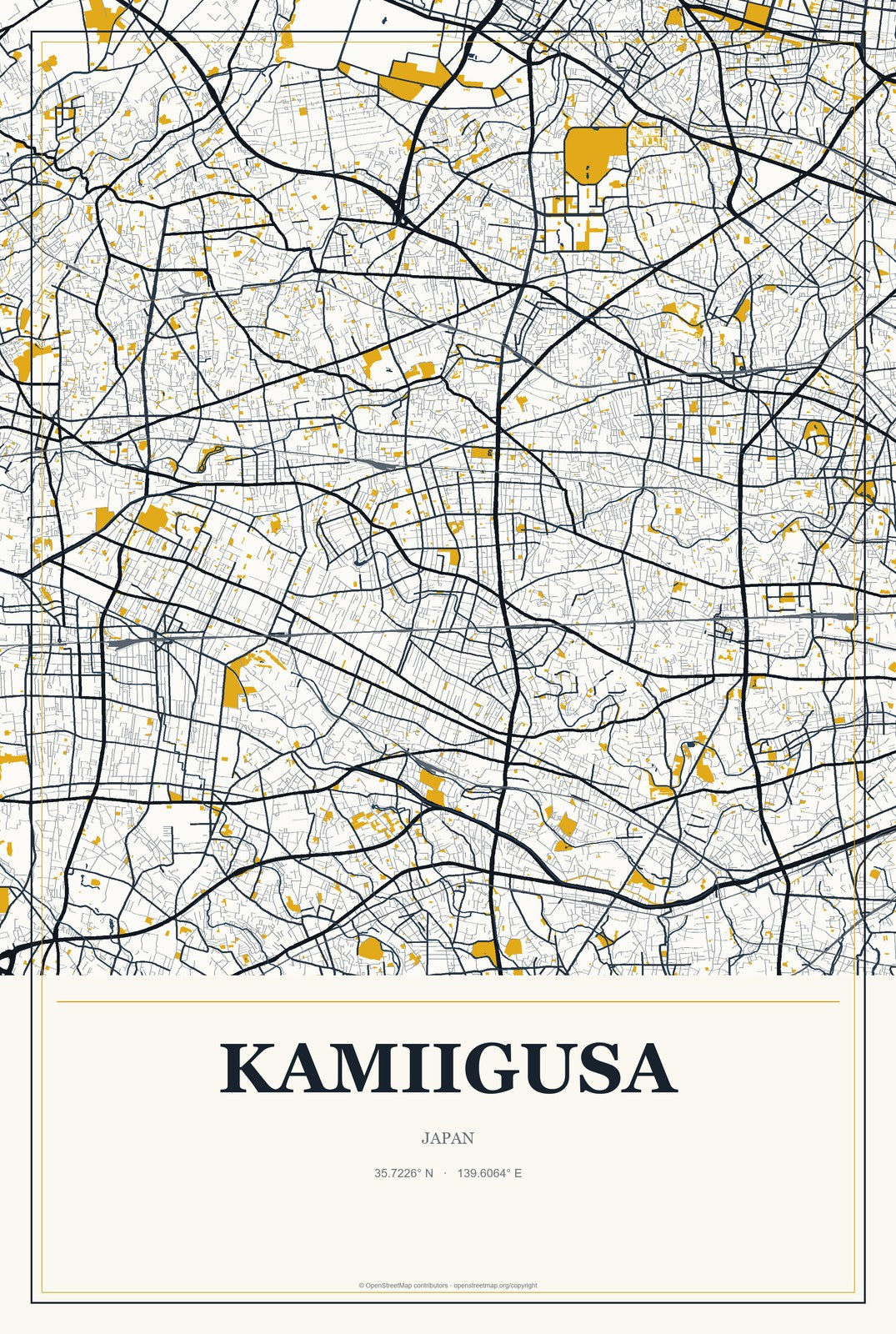 Kamiigusa, Japan City Map Aluminum Sign in Citrine Modern style