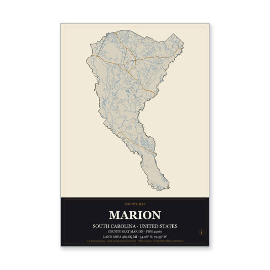 Marion County, South Carolina Map Aluminum Sign in Museum Plaque style