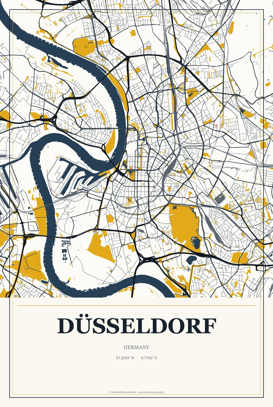 Düsseldorf, Germany City Map Aluminum Sign in Citrine Modern style