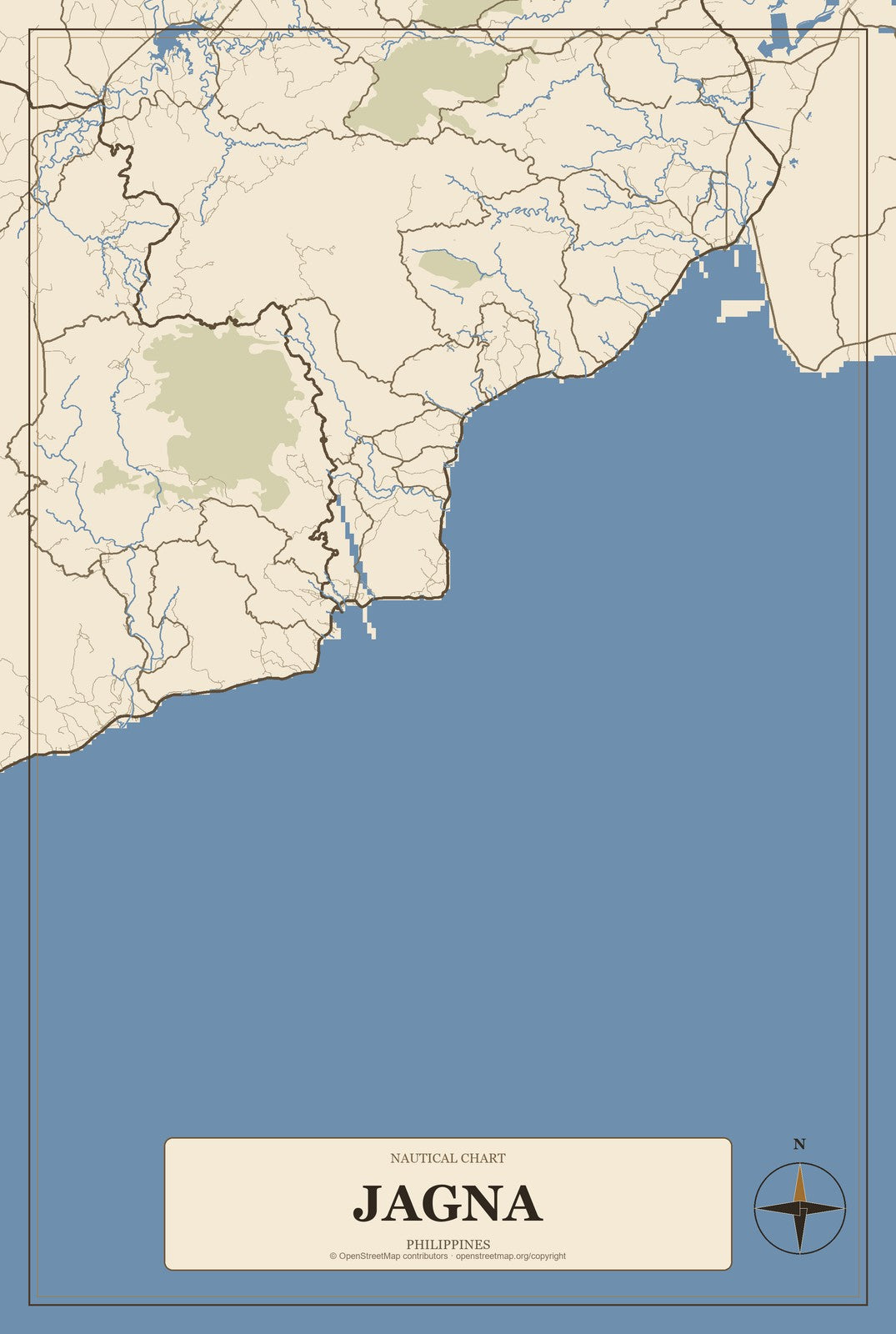 Jagna, Philippines City Map Aluminum Sign in Heritage Nautical style