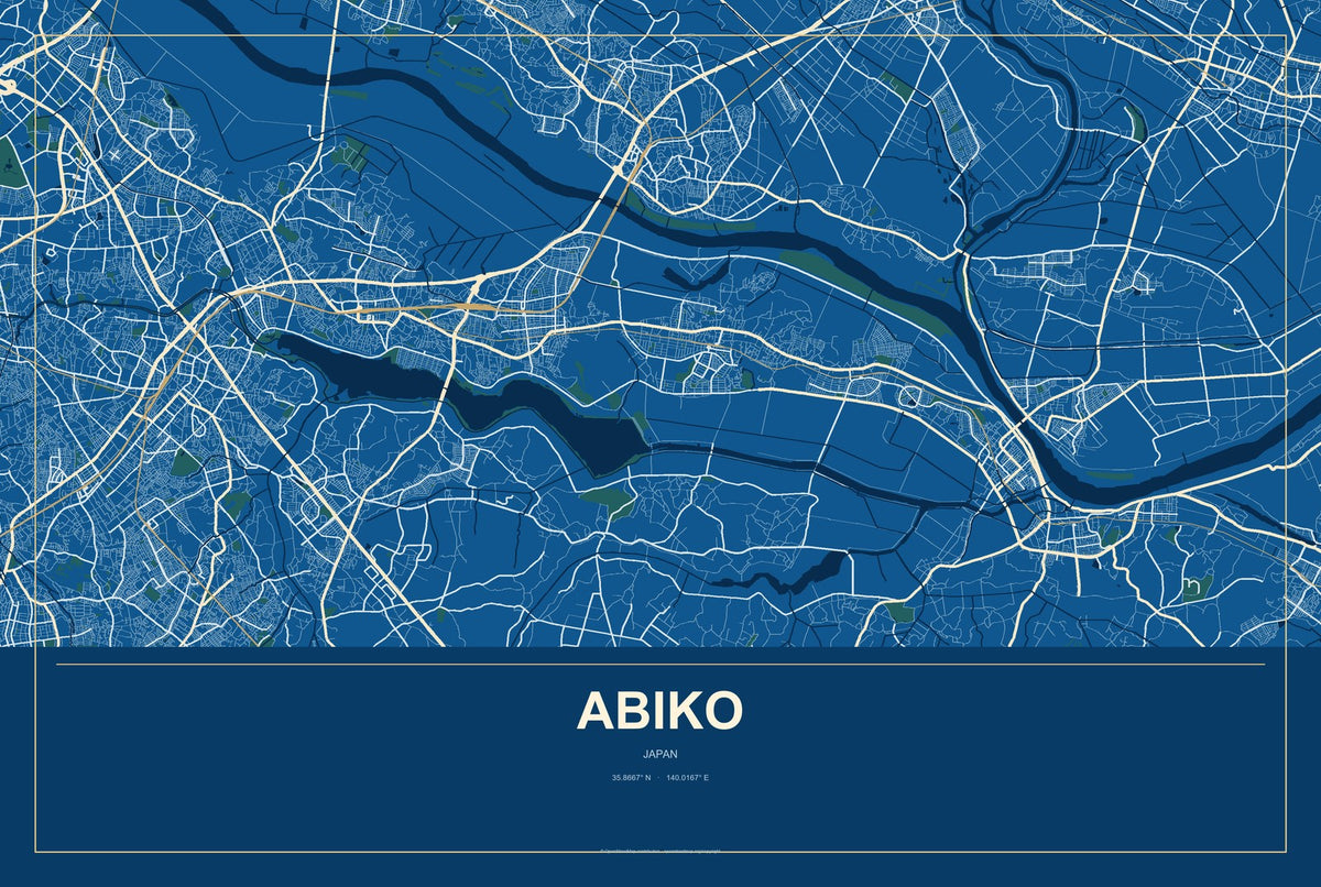 Abiko, Japan City Map Aluminum Sign in Harbor Cobalt style