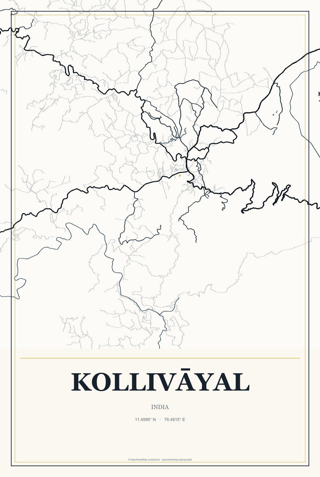 Kollivāyal, India City Map Aluminum Sign in Citrine Modern style
