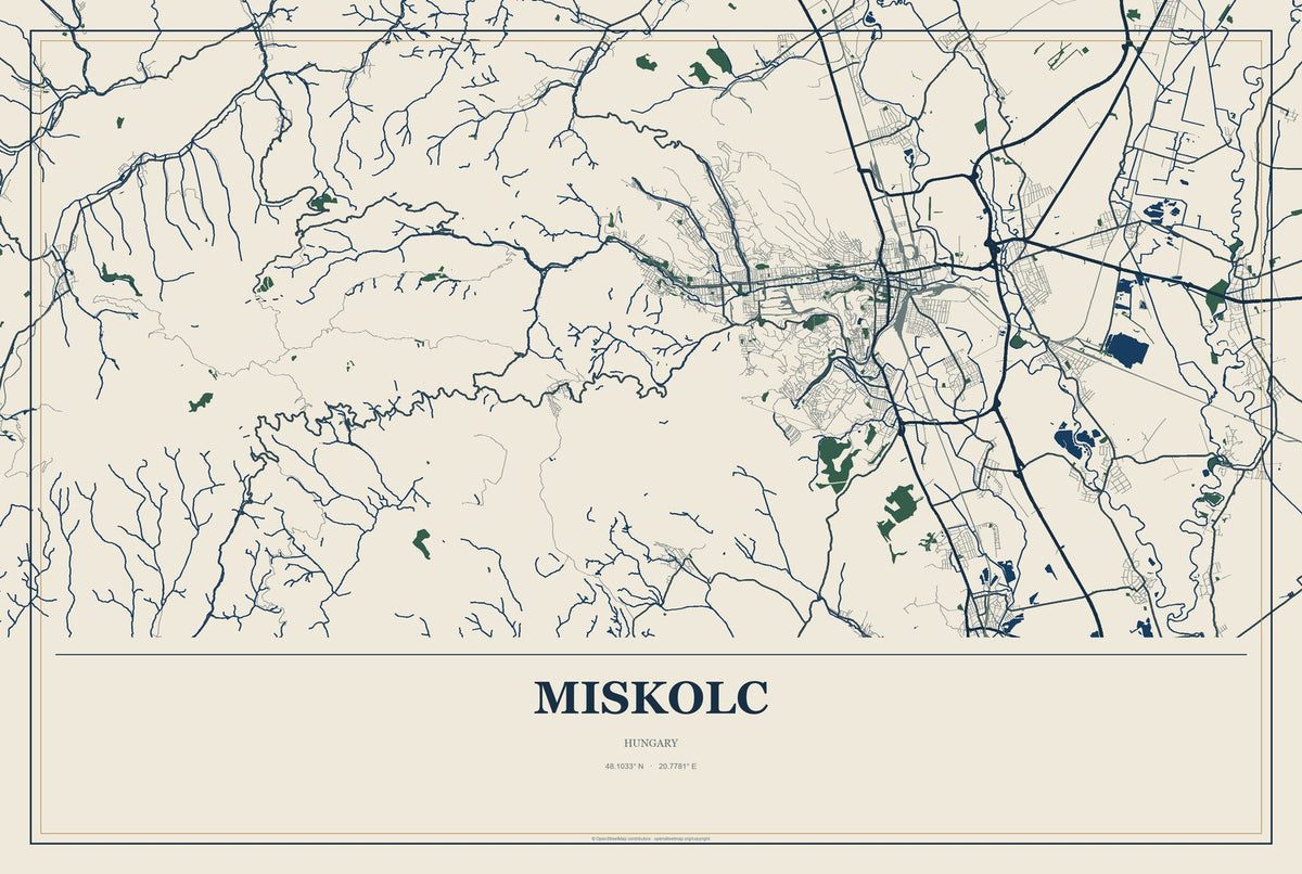 Miskolc, Hungary City Map Aluminum Sign in Coastal Cutout style