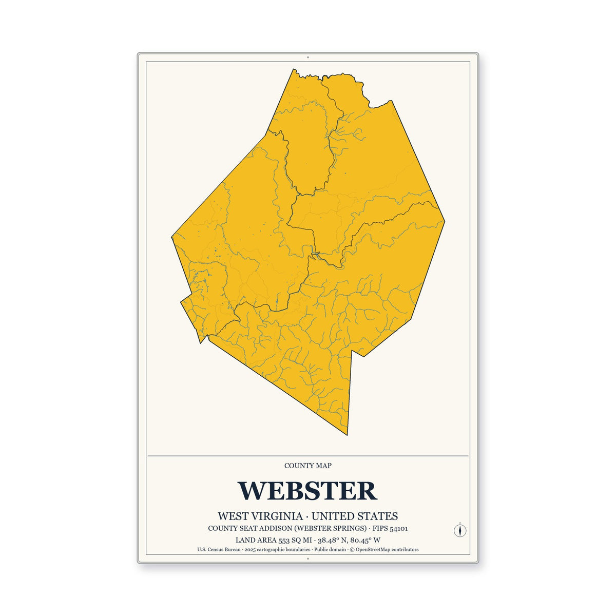 Webster County, West Virginia Map Aluminum Sign in Citrine Modern style