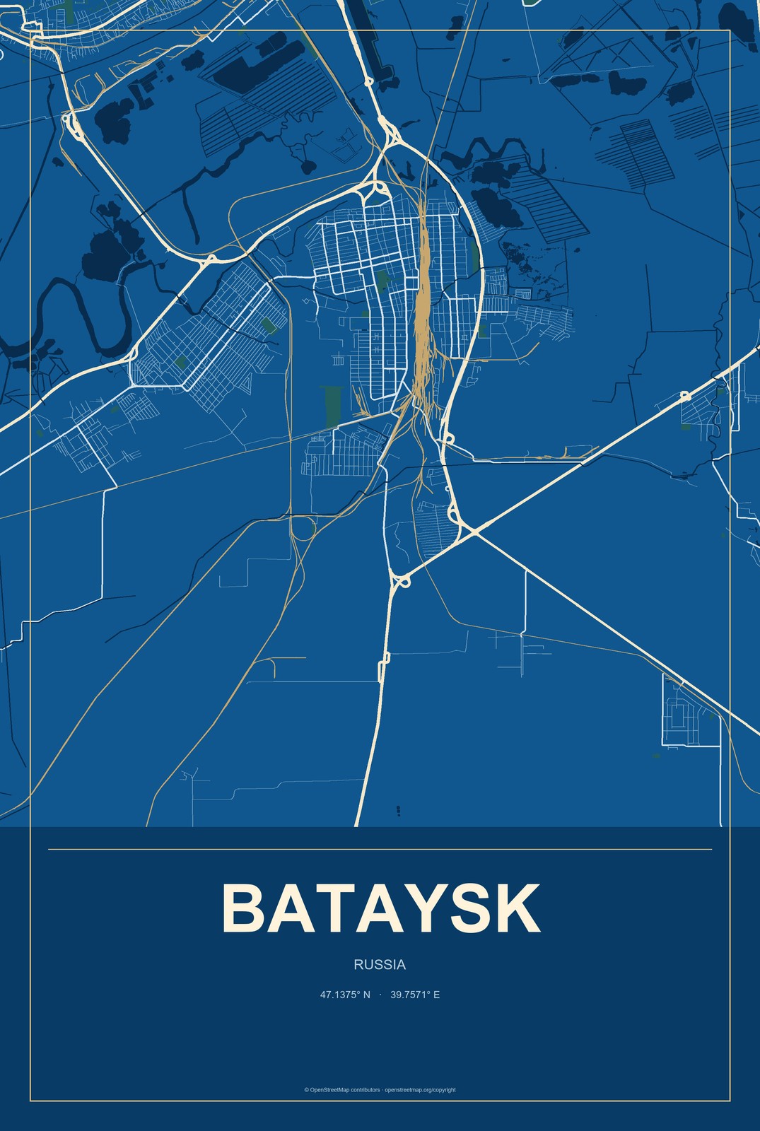 Bataysk, Russia City Map Aluminum Sign in Harbor Cobalt style