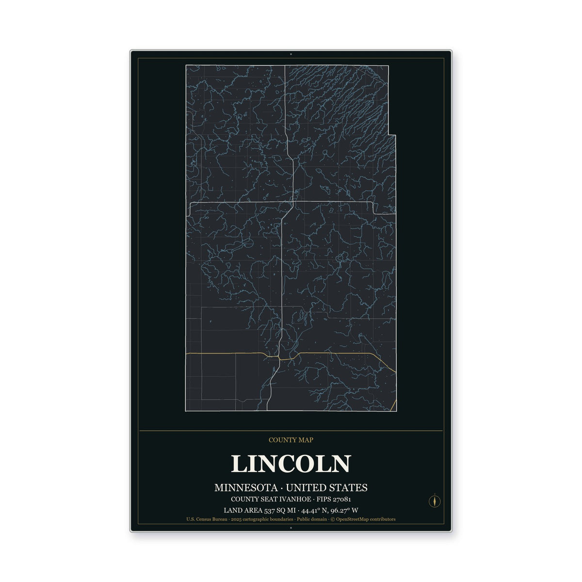 Lincoln County, Minnesota Map Aluminum Sign in Metropolitan Noir style