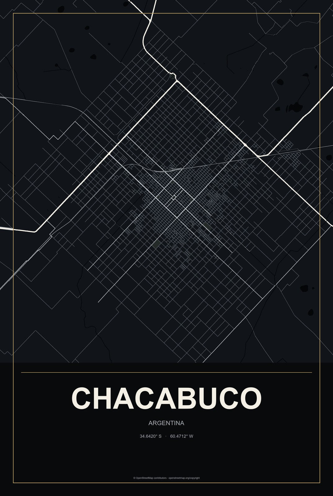Chacabuco, Argentina City Map Aluminum Sign in Metropolitan Noir style