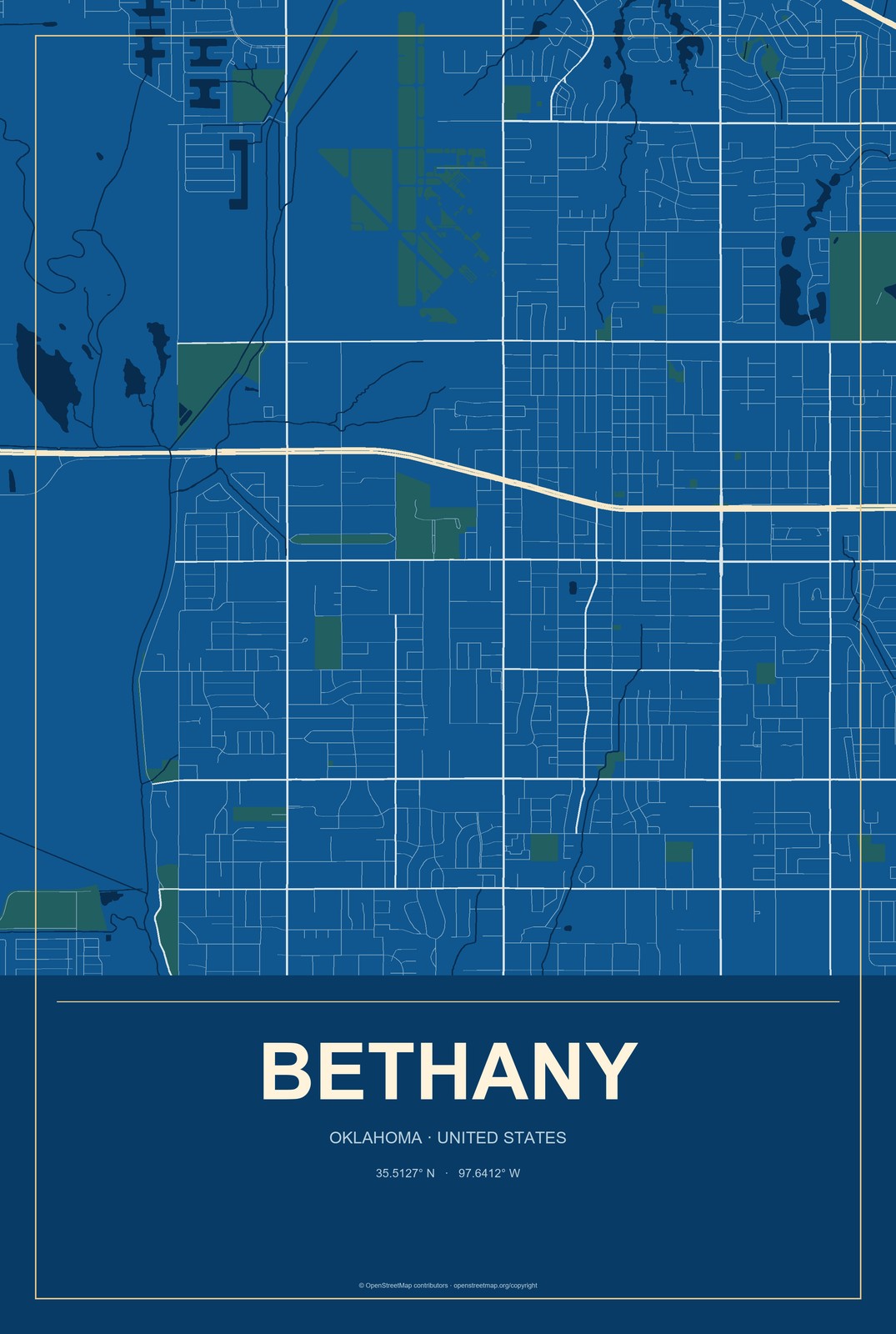 Bethany, Oklahoma City Map Aluminum Sign in Harbor Cobalt style