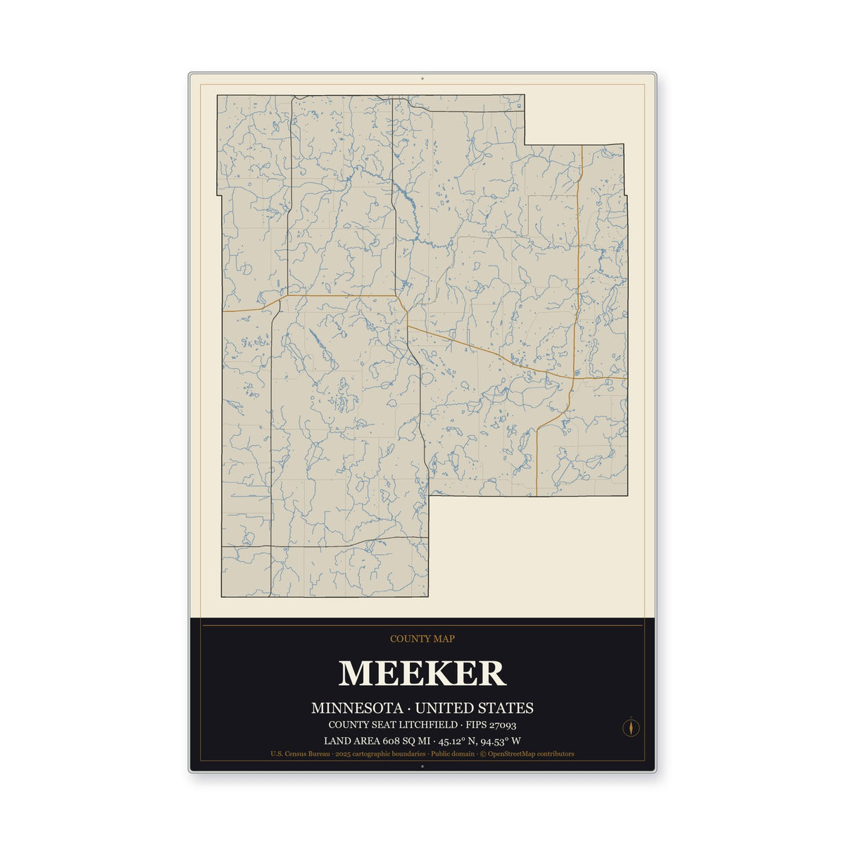 Meeker County, Minnesota Map Aluminum Sign in Museum Plaque style