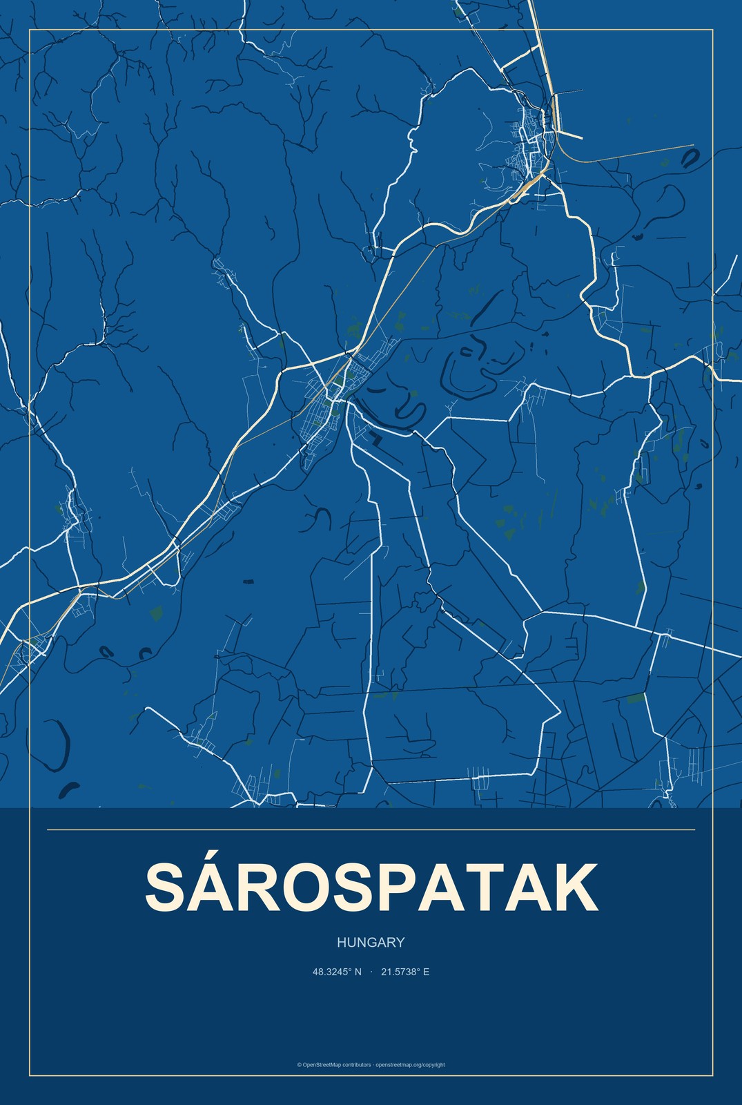 Sárospatak, Hungary City Map Aluminum Sign in Harbor Cobalt style