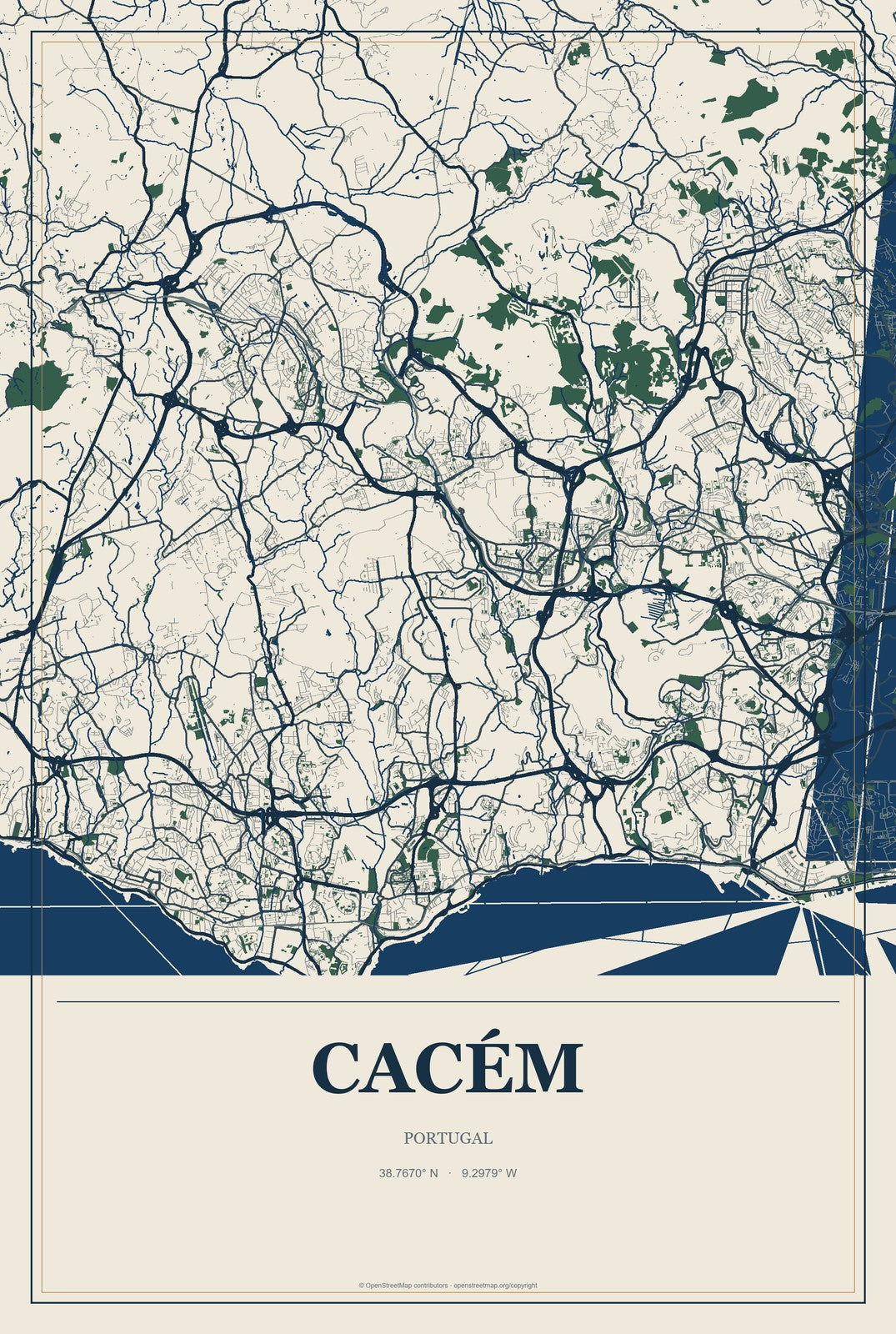 Cacém, Portugal City Map Aluminum Sign in Coastal Cutout style
