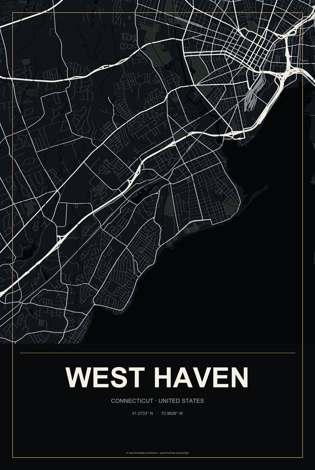 West Haven, Connecticut City Map Aluminum Sign in Metropolitan Noir style