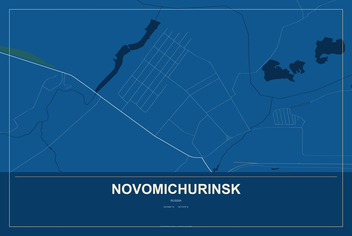 Novomichurinsk, Russia City Map Aluminum Sign in Harbor Cobalt style