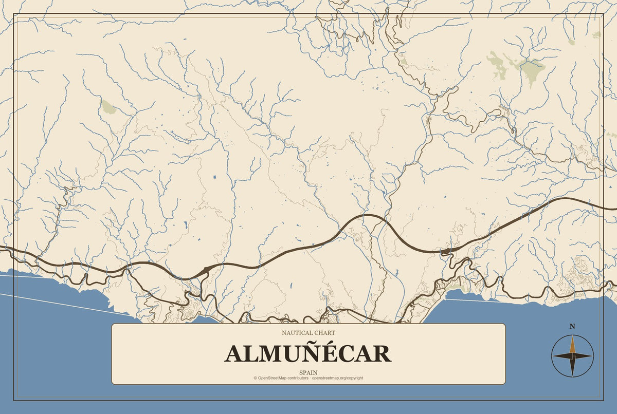 Almuñécar, Spain City Map Aluminum Sign in Heritage Nautical style