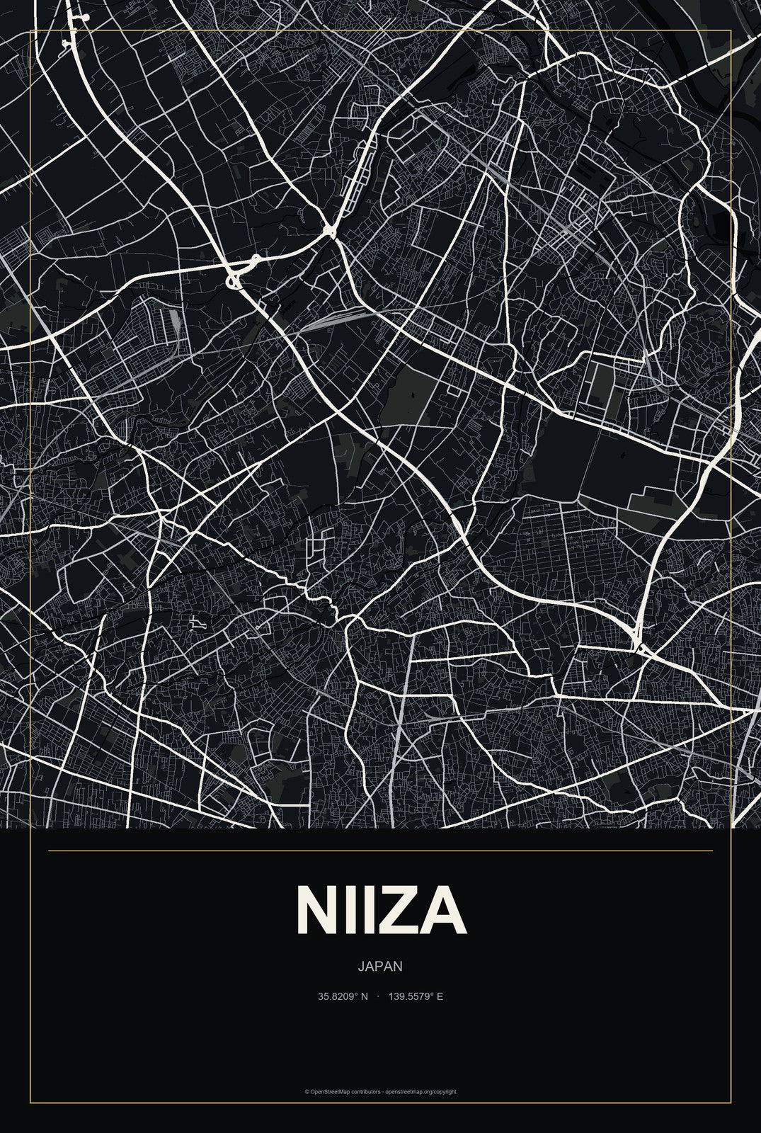 Niiza, Japan City Map Aluminum Sign in Metropolitan Noir style