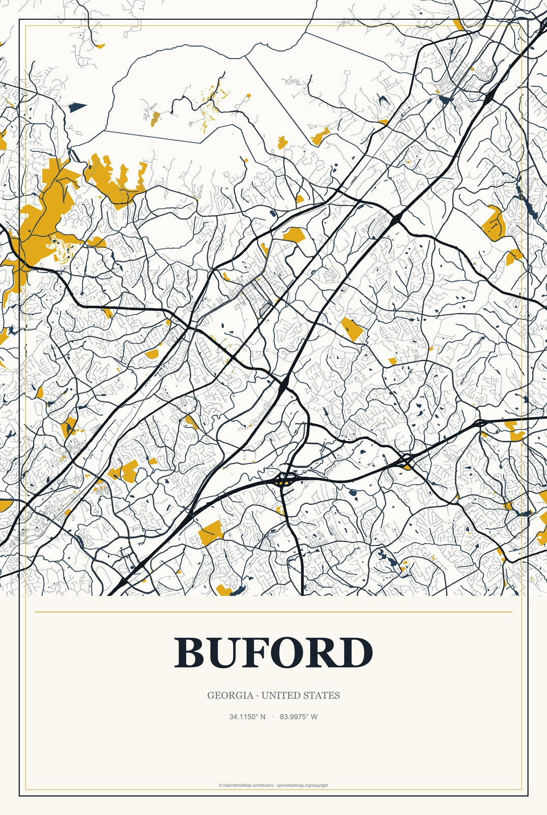 Buford, Georgia City Map Aluminum Sign in Citrine Modern style