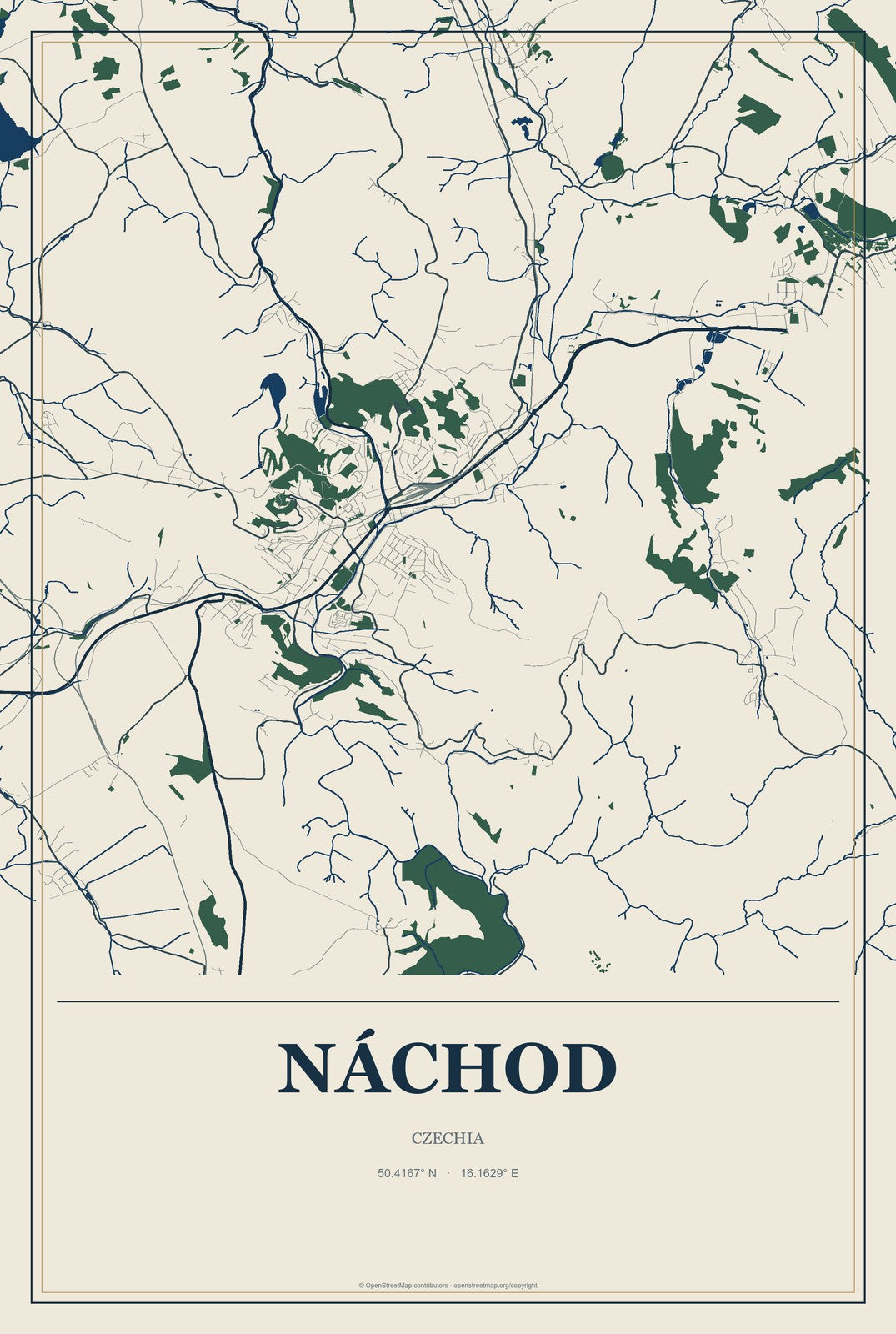 Náchod, Czechia City Map Aluminum Sign in Coastal Cutout style