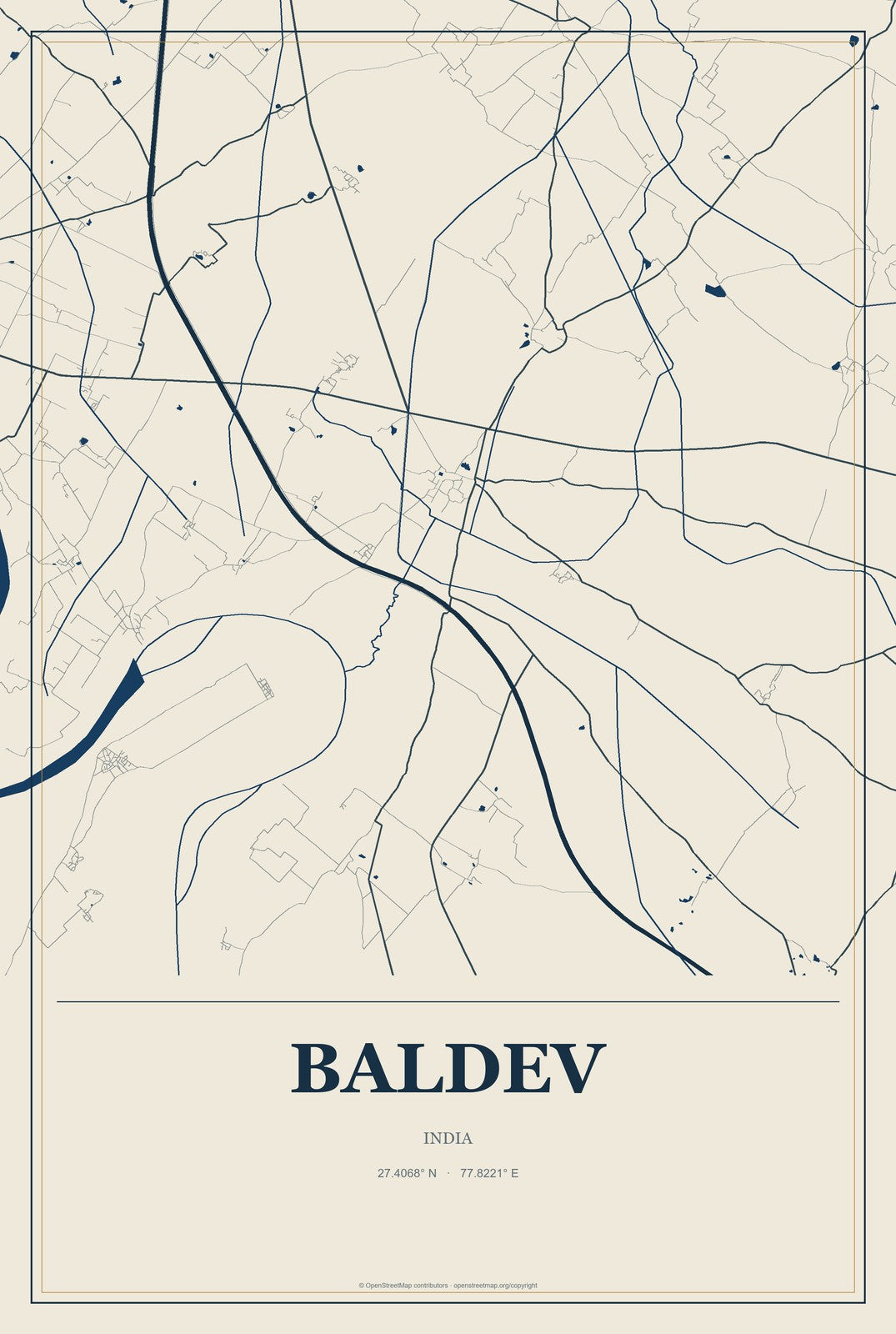 Baldev, India City Map Aluminum Sign in Coastal Cutout style