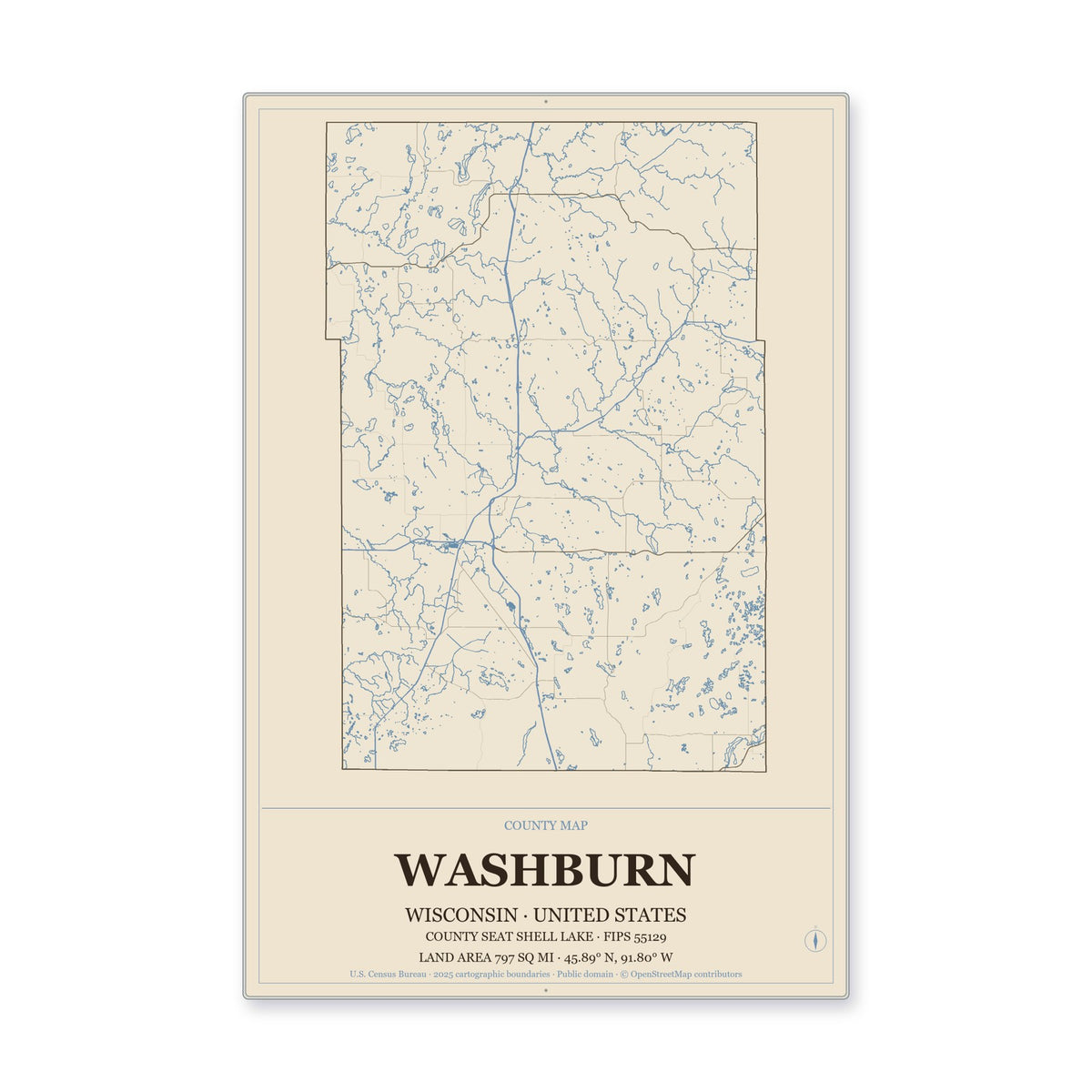 Washburn County, Wisconsin Map Aluminum Sign in Heritage Nautical style