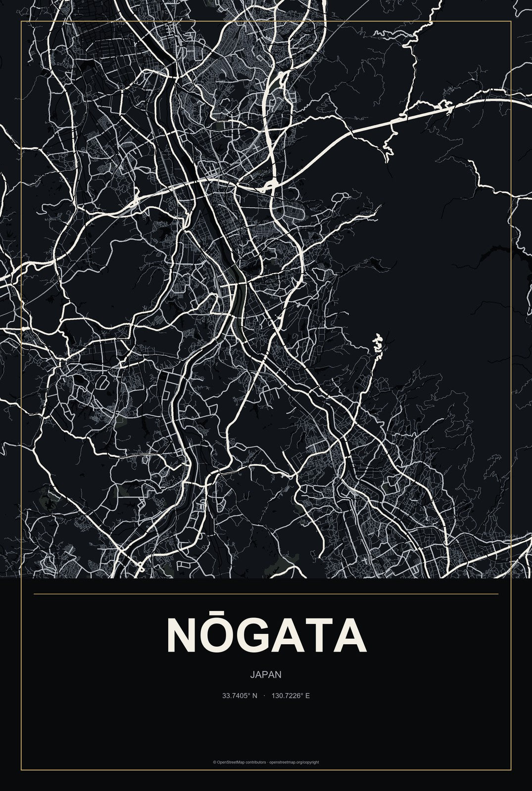 Nōgata, Japan City Map Aluminum Sign in Metropolitan Noir style