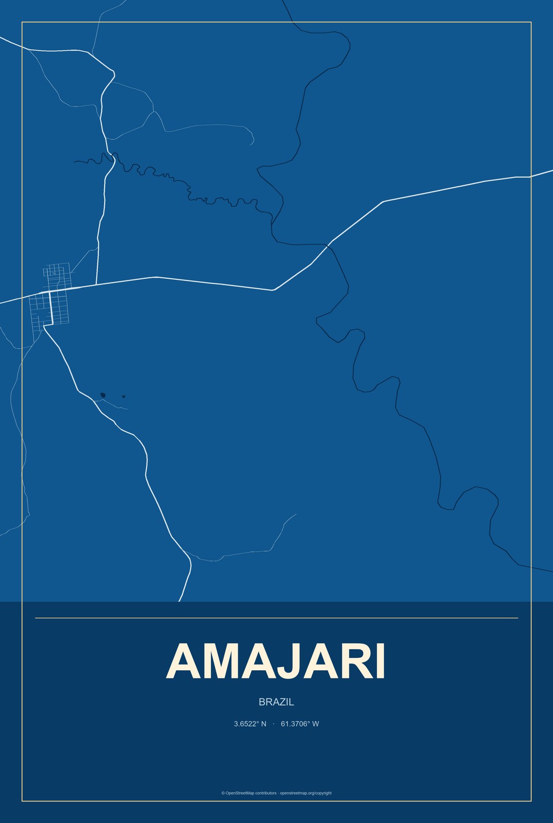 Amajari, Brazil City Map Aluminum Sign in Harbor Cobalt style