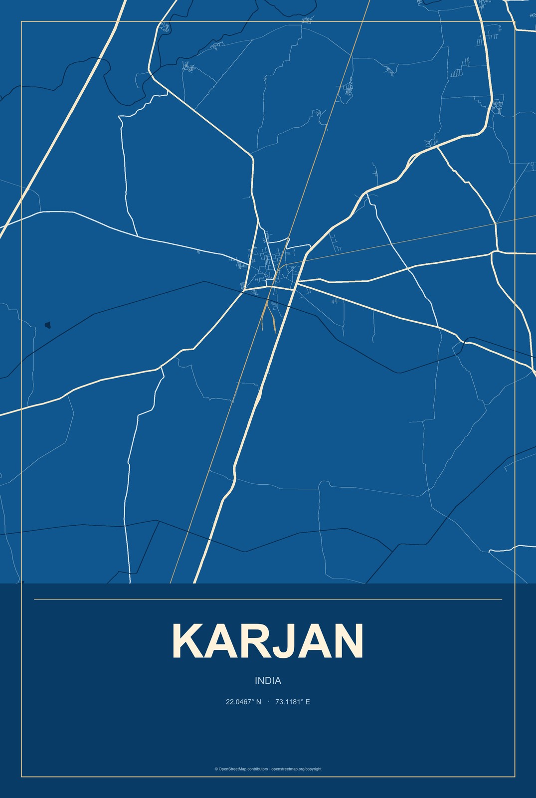 Karjan, India City Map Aluminum Sign in Harbor Cobalt style