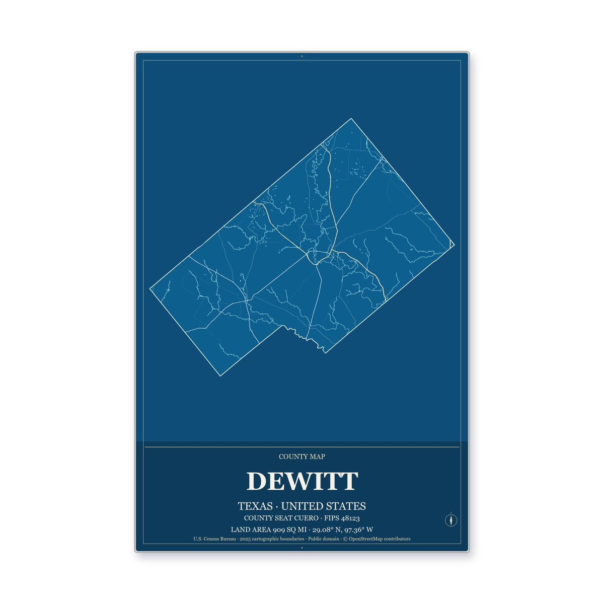 DeWitt County, Texas Map Aluminum Sign in Harbor Cobalt style