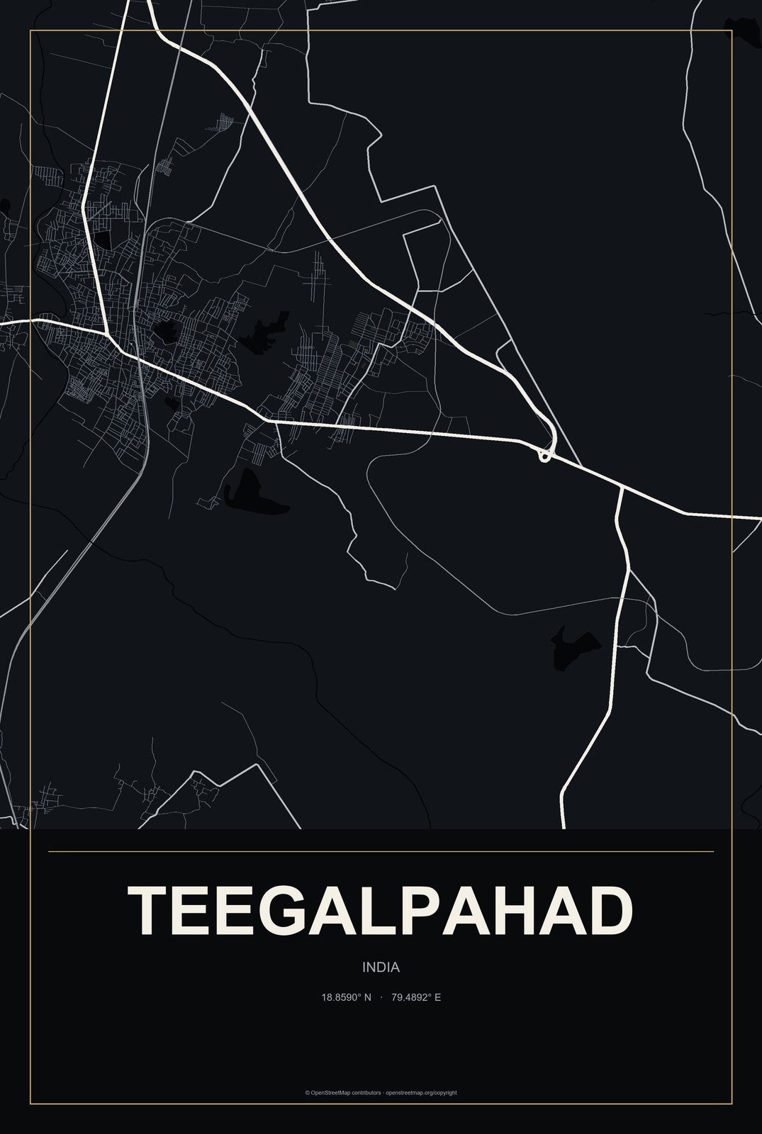 Teegalpahad, India City Map Aluminum Sign in Metropolitan Noir style
