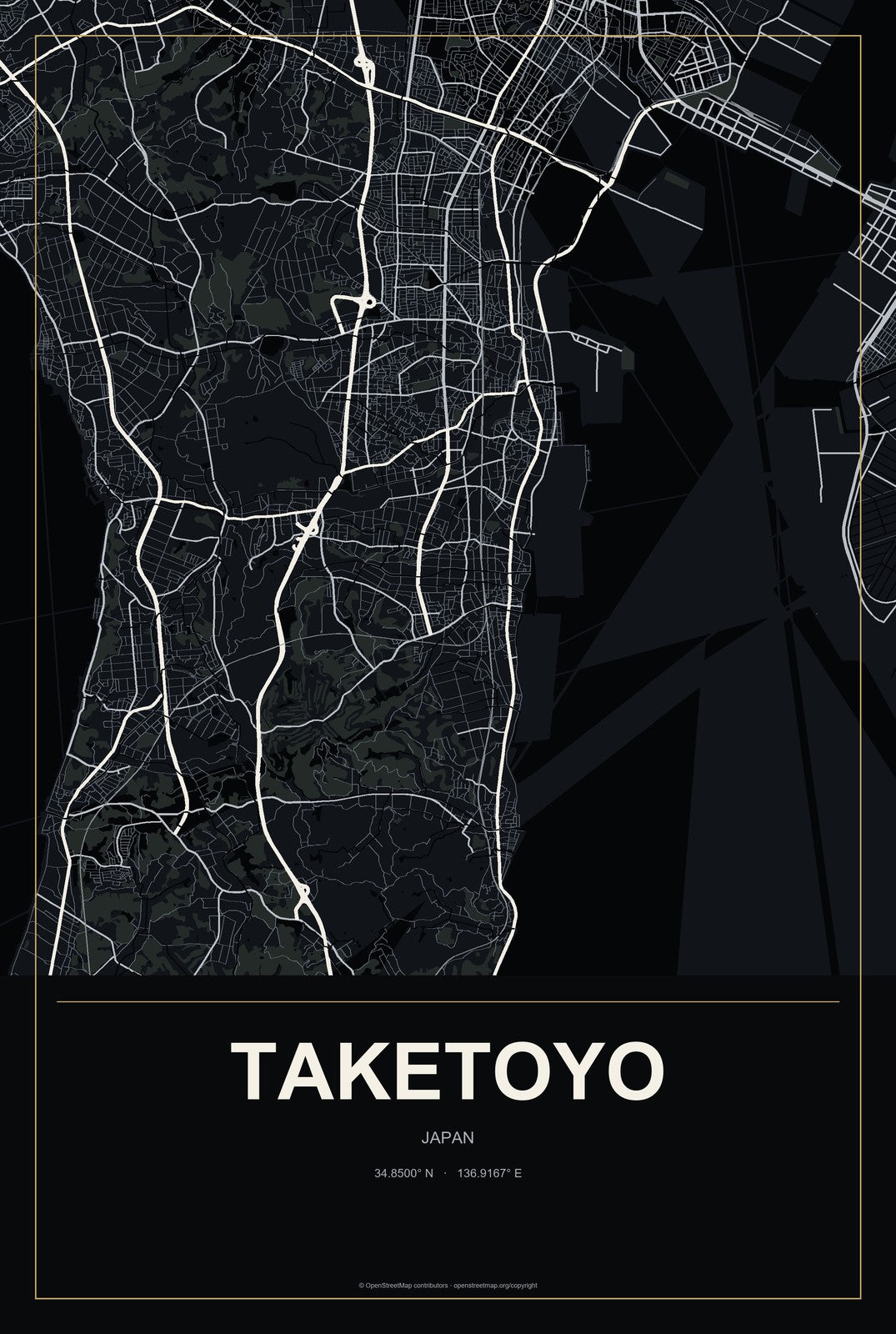 Taketoyo, Japan City Map Aluminum Sign in Metropolitan Noir style