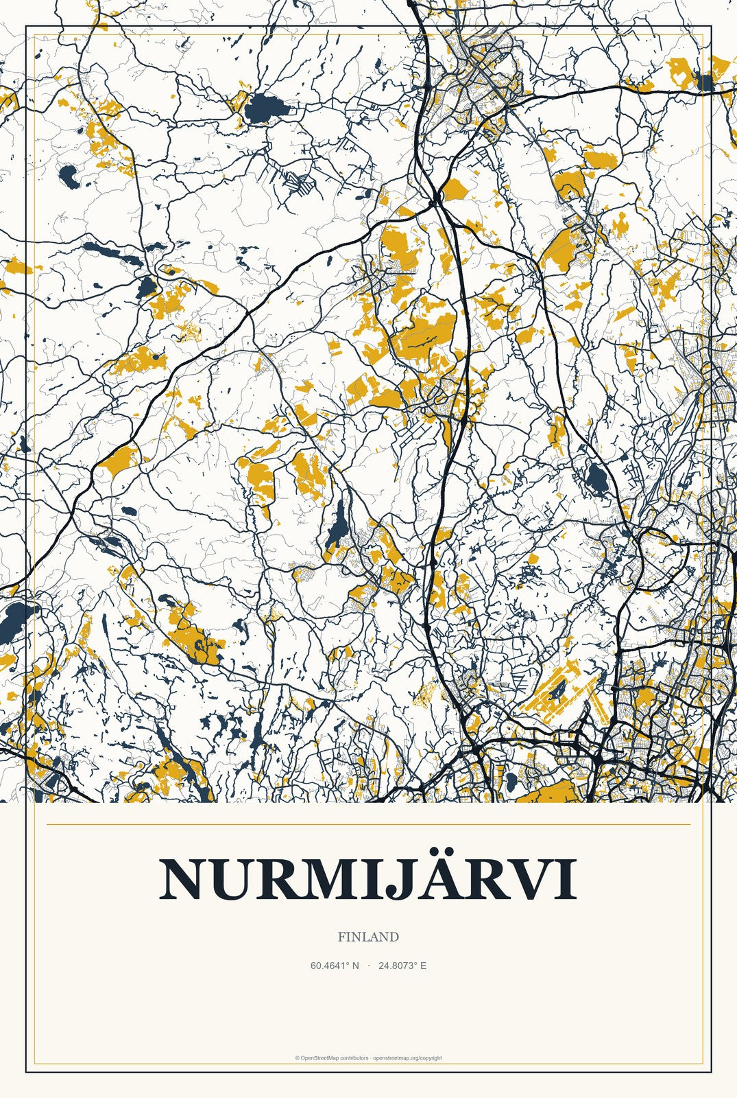 Nurmijärvi, Finland City Map Aluminum Sign in Citrine Modern style