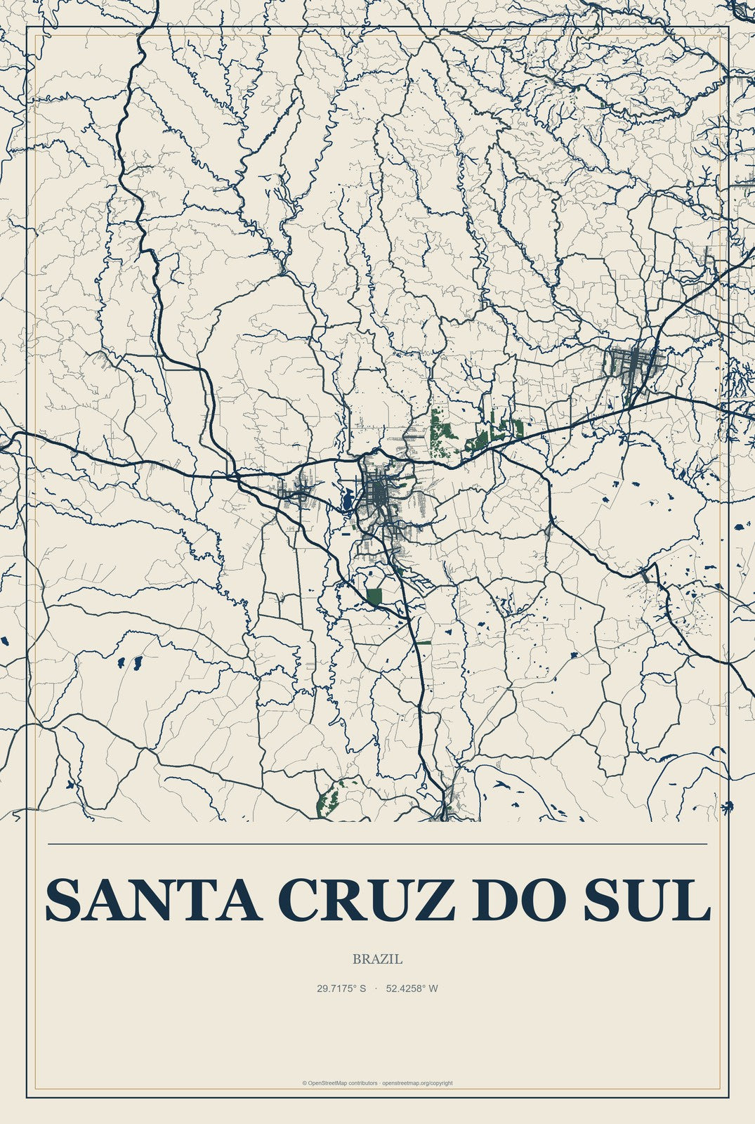 Santa Cruz do Sul, Brazil City Map Aluminum Sign in Coastal Cutout style