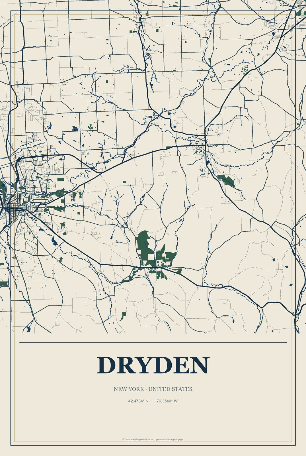 Dryden, New York City Map Aluminum Sign in Coastal Cutout style