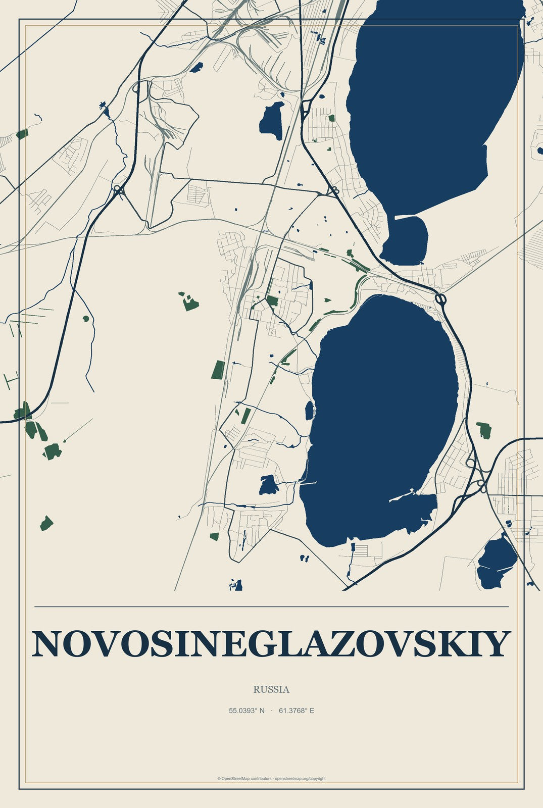 Novosineglazovskiy, Russia City Map Aluminum Sign in Coastal Cutout style
