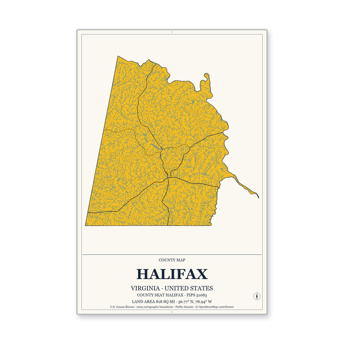 Halifax County, Virginia Map Aluminum Sign in Citrine Modern style
