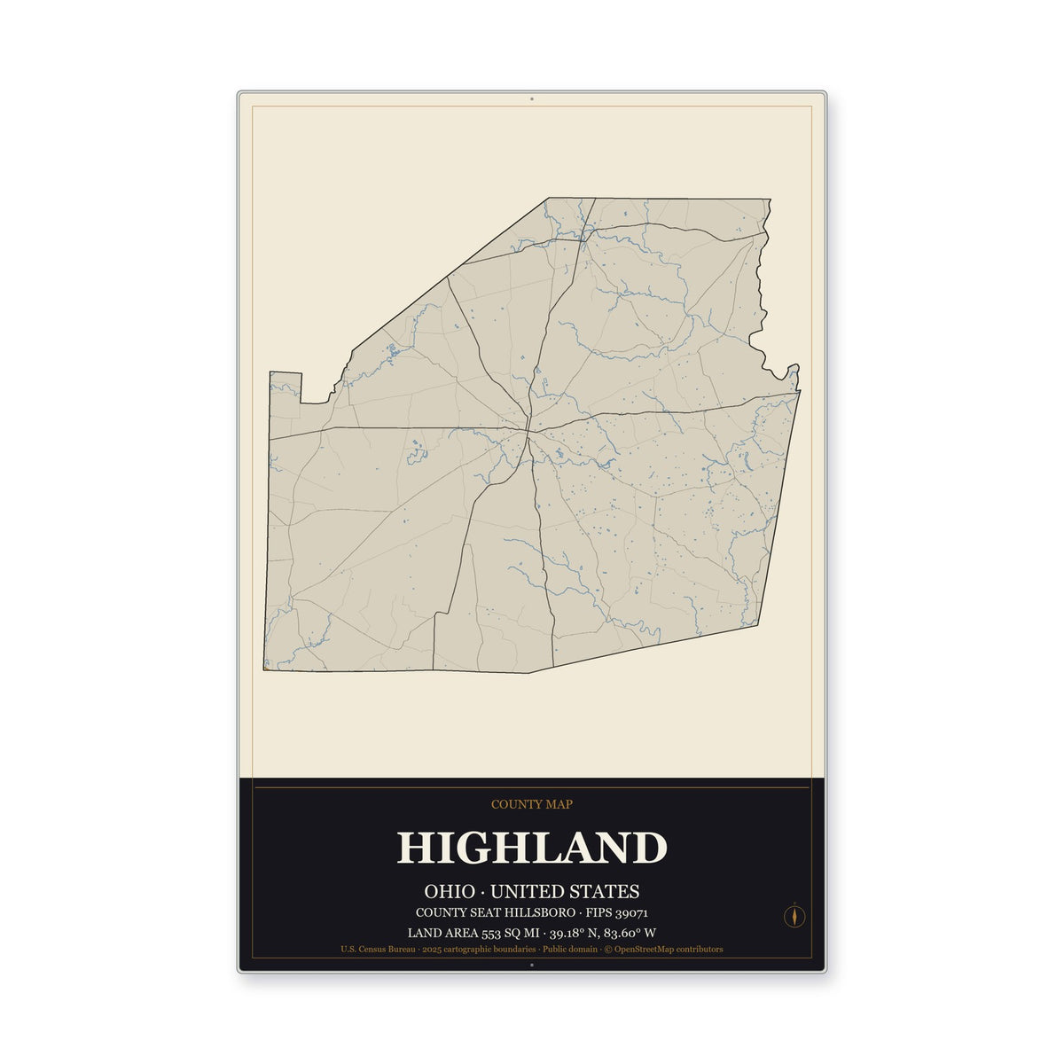 Highland County, Ohio Map Aluminum Sign in Museum Plaque style