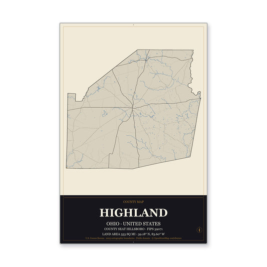 Highland County, Ohio Map Aluminum Sign in Museum Plaque style